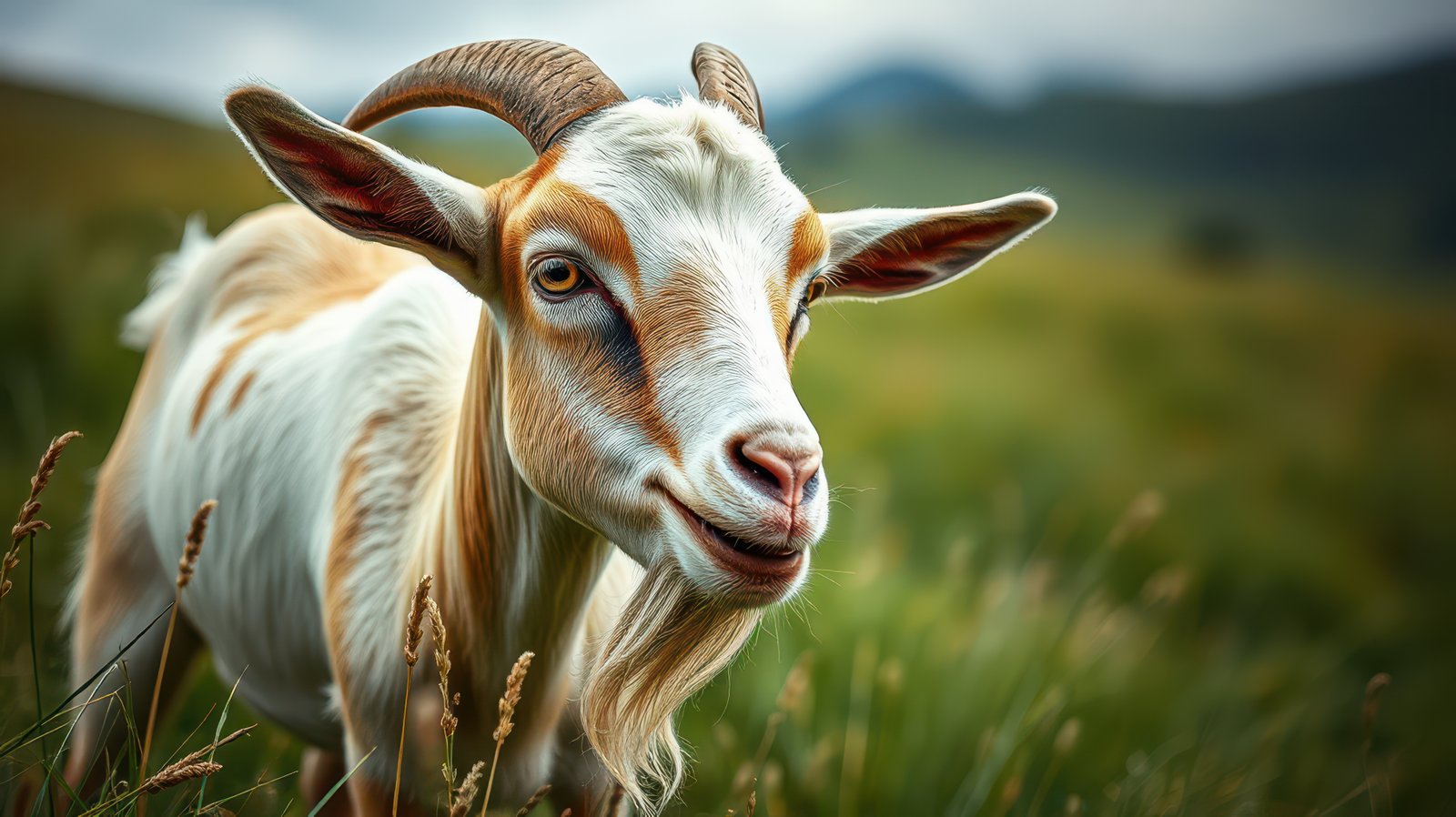 Goat standing in a grassy field with mountains in the background during a cloudy afternoon